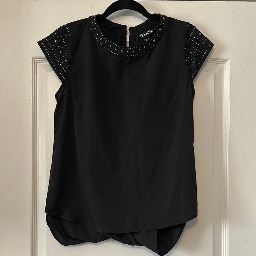 Black Asymmetrical Blouse with Cap Sleeves and Bib Collar